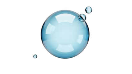 Translucent light blue sphere with water droplets isolated PNG, abstract design element on transparent background for science and cosmetic concepts