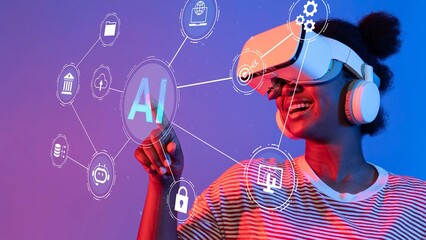 Young woman wearing virtual reality headset interacting with digital icons and AI technology in a vibrant creative setting, exploring future possibilities Gluon.