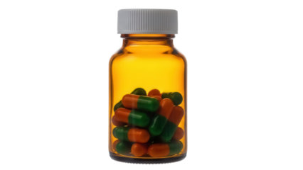 Amber medicine bottle with green and orange capsules isolated PNG, pharmaceutical product for health and wellness on transparent background