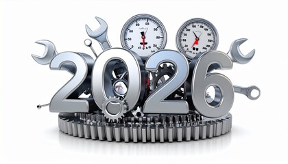 Shiny metallic 2026 gears and tools on white background