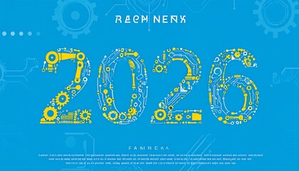 Futuristic 2026 robotic machinery illustration with gears on blue background
