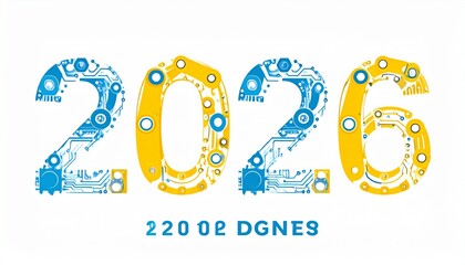Futuristic circuit board design with 2026 text in blue and yellow