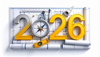Vibrant 2026 design with construction tools and blueprints