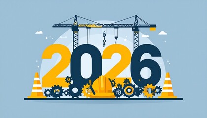 Modern construction timeline with 2026 year and industrial gear elements