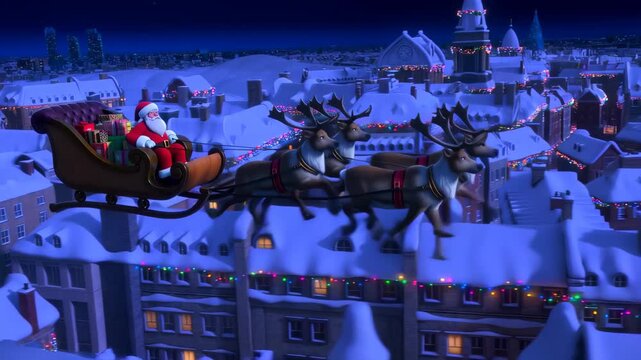 Santa Claus riding in sleigh pulled by two reindeer through snowy village at night, with illuminated Christmas trees and buildings in background
