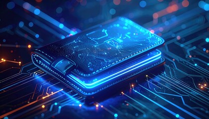 A digital wallet rests on a motherboard, symbolizing secure online transactions and the digital economy. The wallet emanates a futuristic glow, highlighting its importance in the virtual world