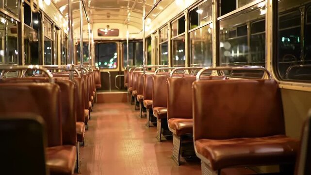 Empty vintage bus interior at night with brown seats and lights outside, transport concept.