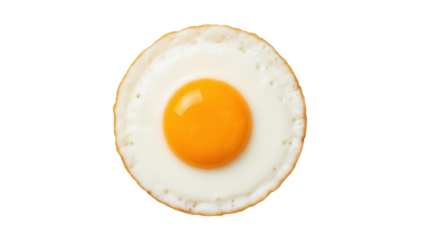 Fried egg isolated PNG on transparent background, sunny-side up breakfast food with golden yolk and cooked egg white for culinary design