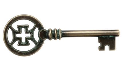 Antique bronze key PNG isolated on transparent background, vintage ornate skeleton key for design and decoration