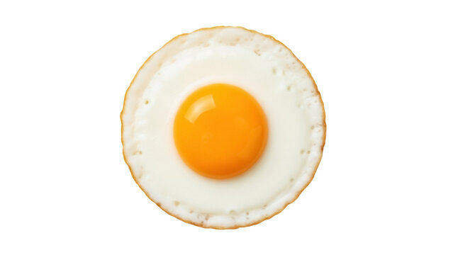 Fried egg isolated PNG on transparent background, sunny-side up breakfast food with golden yolk and cooked egg white for culinary design