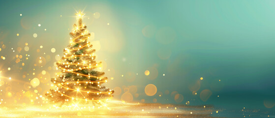 A modern festive banner showcasing a luminous Christmas tree silhouette crafted from cascading golden lights, set on a smooth sky-blue background infu