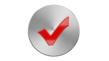 Red check mark on brushed metal circle isolated PNG, symbol of approval and validation on transparent background