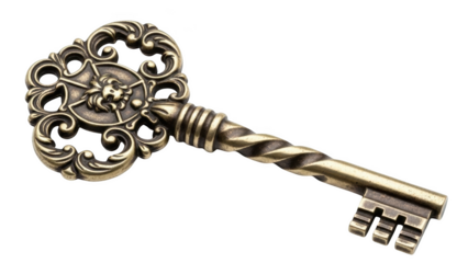 Ornate antique brass key with lion emblem on black background