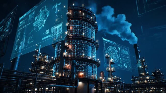 Night view of blue illuminated industrial plant with smoke stack, intricate pipe systems, manufacturing details under dim lighting against a dark background.