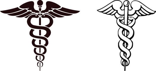 Caduceus symbol vector illustration, black silhouette icon set, medical staff with serpents, healthcare emblem design, wings and snake graphic, isolated sketch © Vector Store