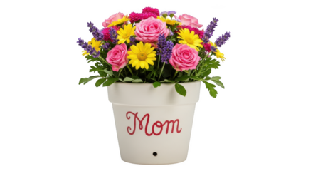 Pink roses yellow daisies lavender in pot with Mom text