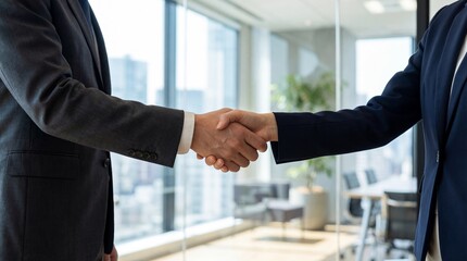 Businessmen shaking hands in modern office space