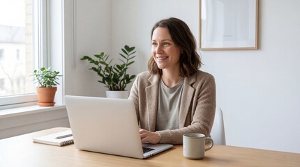 Smiling woman working on laptop in modern home office