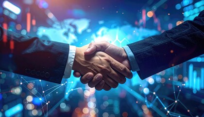 Business handshake symbolizes collaboration and partnership with digital overlay