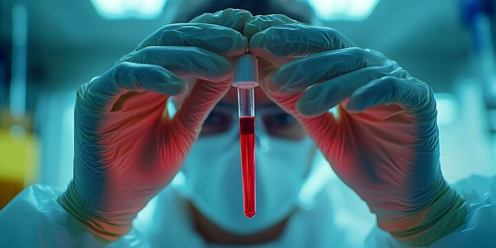 Scientist wearing protective gear holding test tube with blood sample in laboratory - Powered by Adobe
