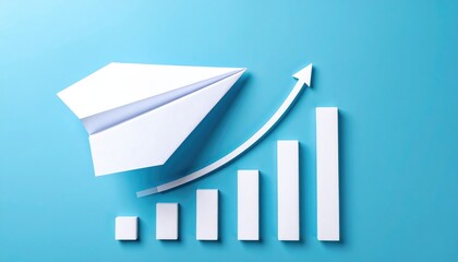 An upward trend of business growth depicted by a paper airplane and bar chart on a blue background