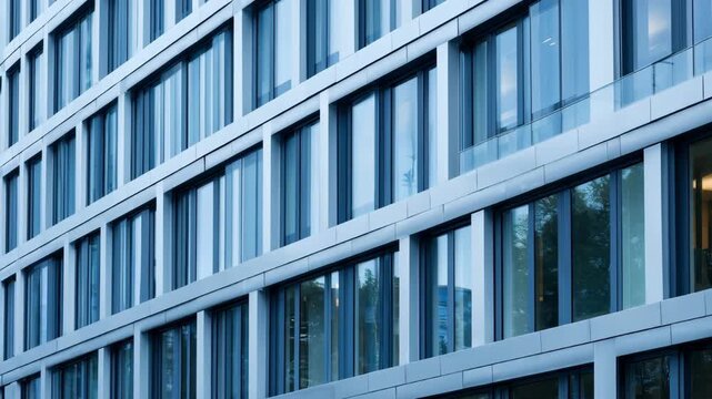 Medium shot focusing on the smooth spotless facade of an office tower using ecofriendly selfcleaning coatings to reduce maintenance and enhance building longevity