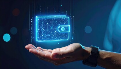 A digital wallet floating above a hand, with a futuristic look and a tech background. The wallet glows with a blue digital pattern, highlighting the concept of secure online transactions