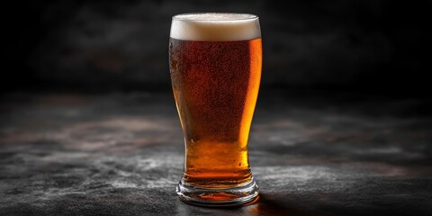 Elegant Portrait of a Frosty Amber Pint Glass Radiating Rich Flavor with Foam Top and Condensation