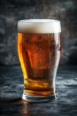 Refreshing Golden Lager in Clear Glass with Foamy Head Against Dark Background, Perfect for Ads
