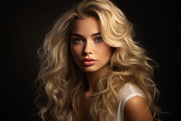 Fototapeta premium Blonde woman posing for a portrait, long wavy hair flowing against a dark background