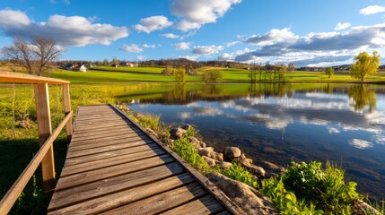 Obraz premium Serene Old Wooden Dock Extending into Calm European Rural Lake Landscape