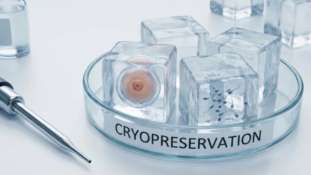 Human egg cell and sperm cells frozen inside ice cubes within a petri dish with a cryopreservation label, representing reproductive technology and fertility preservation