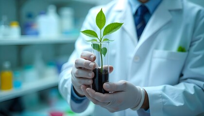 Scientist used biotechnology, ai technology, and dna plant in tube of scientific lab for medical research and Plant genetics development in Food industry. science chemistry in laboratory 