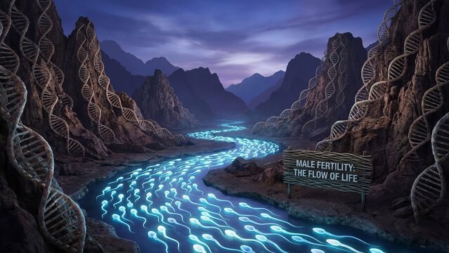 Luminous sperm cells forming a glowing river flowing through a rocky mountain valley with dna helix structures representing male fertility and the essence of life - Powered by Adobe