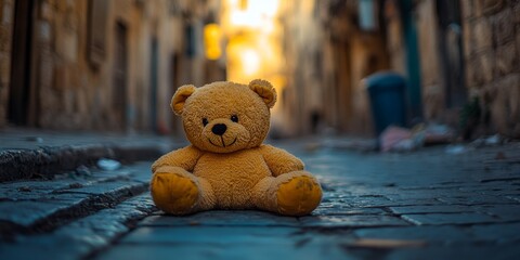 Teddy bear sitting on cobblestone street in blurred city alley at sunset
