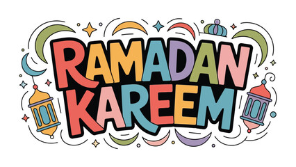 Ramadan Kareem: Festive decorations, including lanterns and crescent moons, adorn a vibrant greeting, invoking the spirit of the holy month.