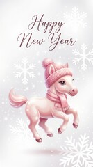 Cute pink pony in winter hat with snowflakes and "Happy New Year" greeting card design