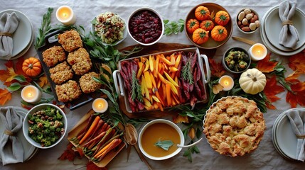 Plant based thanksgiving table with roasted vegetable dishes, candles, autumn leaves, and a homemade pie arranged in a cozy festive setting. The image represents gratitude, seasonal celebration