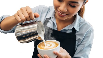 Barista pouring steamed milk into a cup of coffee with a design