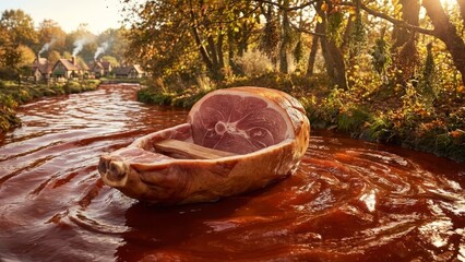 Ham carved into a surreal boat with a large cut of meat as cargo, navigating a flowing river of red liquid surrounded by an autumn village and leafy trees with hanging dried herbs