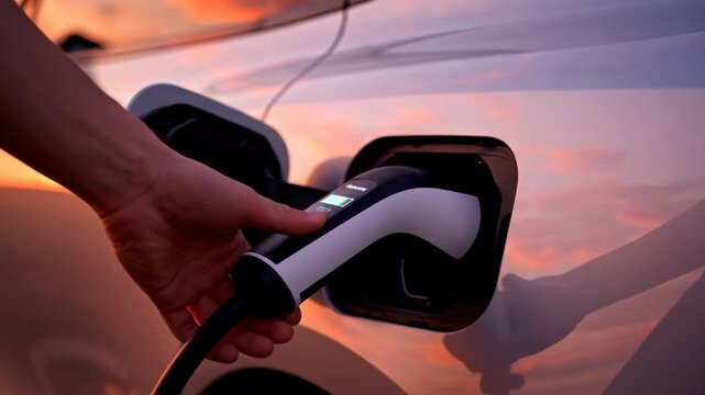 Close up of hand charging white electric vehicle at sunset with orange sky reflecting on car body for eco friendly transportation under 150 character.