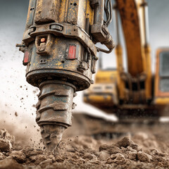 Powerful hydraulic breaker drilling concrete at construction site closeup