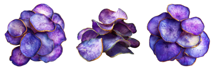 Set of Taro Chips deep-fried on wooden plate or dried purple rose petals isolated on white transparent background