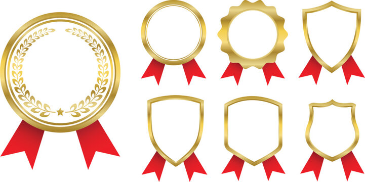 Luxury gold shield badges with red ribbons, laurel wreath, royal crown, star,  premium, badges, awards, recognition icons.