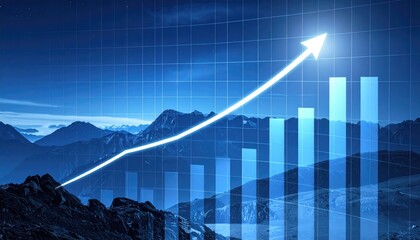 A graphical representation of business growth, with a rising arrow and bar graphs, symbolizing success in front of mountain