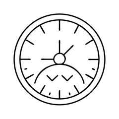 Whimsical hand-drawn clock with a prominent sad face on white.