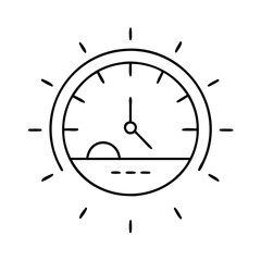 Hand-drawn clock with a sun and horizon element on white background.
