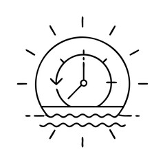 Simple black line art showing a clock inside a sun above wavy