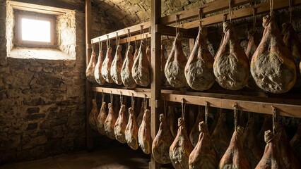 Prosciutto hams hanging on wooden racks in a rustic stone cellar, slowly curing and aging to develop deep flavor and artisanal texture in traditional gourmet production