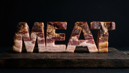 Raw cured bacon slices forming the word meat on a rustic wooden cutting board, presenting a creative food typography concept against a dark background